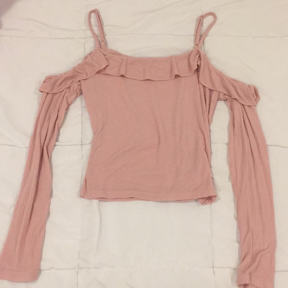Cotton On pink long sleeve peek a boo frilly top